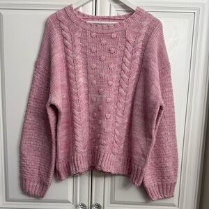 ICHI Women’s XL Pink w/White Crew Neck Drop Shoulder Cable Knit Thick Sweater
